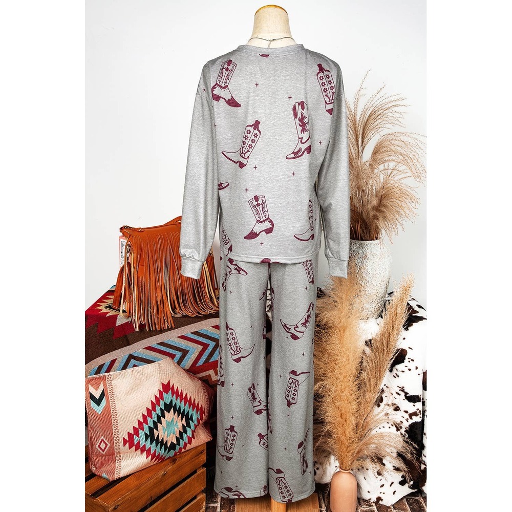 The Ledoux Western Cowboy Boot Print Loungewear Set Grey Burgundy XL Long Sleeve